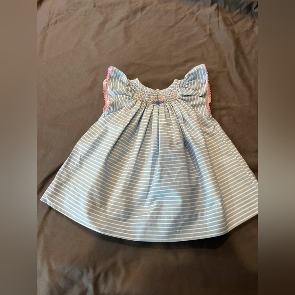 Blue & White Striped Smocked Baby Dress with Pink Trim - Picture 1 of 3